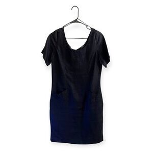 Vintage 80s 90s linen Sake brand sheath dress black classic workwear Office